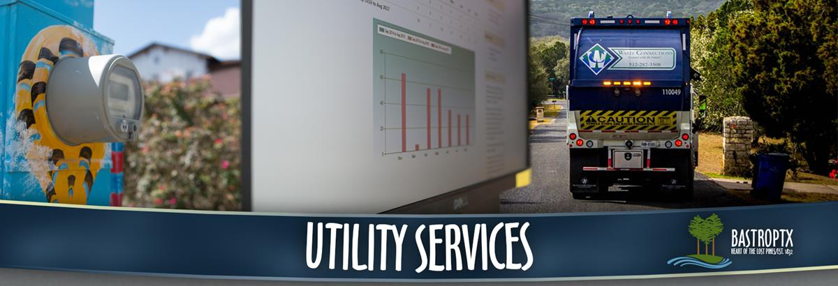 Utility Services banner featuring a painted utility meter, a data chart on a screen, and a waste truck.